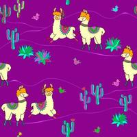 patrón sin costuras de llamas. animales y cactus sobre fondo violeta. vector. vector