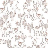 Funny alpacas animals, Seamless pattern. Outline Lamas, cacti, birds. Vector. vector