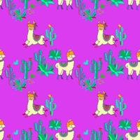 Llama seamless pattern. Animals and cacti on violet background. Vector. vector