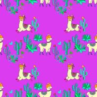 Llama seamless pattern. Animals and cacti on violet background. Vector. vector