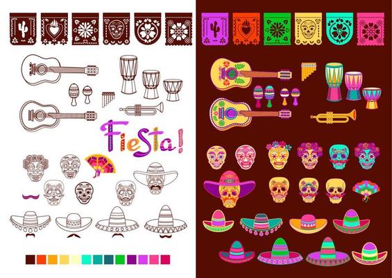 Collection of Mexican holidays symbols set. Fiesta party supplies. Vector., Stock vector