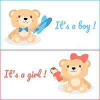 A set of invitations to a gender party with cartoon bears with pink and blue bows. With toys in the hands of an airplane and a doll. Banner. It's a boy. It's a girl. Vector illustration