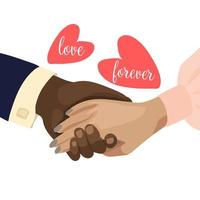 Illustration of a man and a girl holding hands. Hand in hand man and girl. People shake hands. Colored leather. valentine's day. For a poster, a postcard, a banner for a wedding, a cup and a T-shirt vector