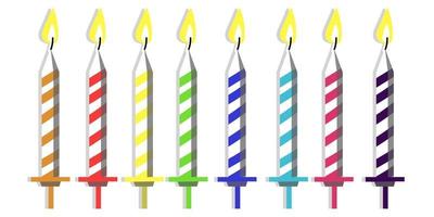 A set of simple birthday cakes. The candles for the cake are already burning. Festive colored burning candles. Isolated illustration. Decor. Printing on postcards, banners, leaflets, mugs, T-shirts. vector