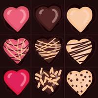 ilustración de chocolates sobre un fondo oscuro grande en una caja. un conjunto de diferentes chocolates en forma de corazón. impresión en textiles y papel. postal, pancarta vector