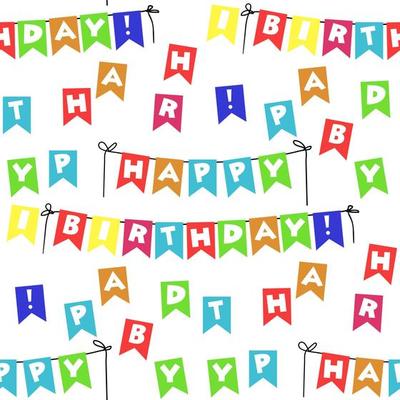 A pattern of birthday flags with a colorful font design. Bright festive letters and the inscription on the rope happy birthday in a scatter. Background for holiday gift wrapping, textiles.