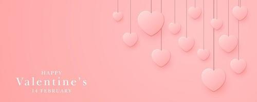 Valentines day banner with hanging hearts. Vector illustration.