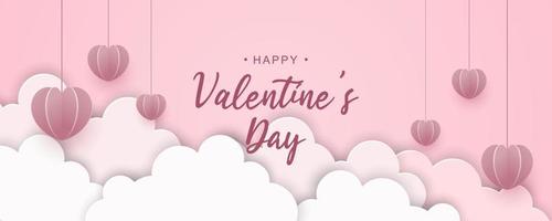 Valentines day background with paper cut clouds and hearts. Vector illustration.