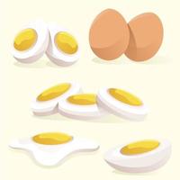 huevo de dibujos animados aislado sobre fondo blanco. conjunto de rebanadas de huevo frito, hervido, medio. ilustración vectorial huevos en varias formas. vector