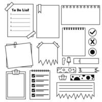 Hand drawn memo paper sheets, sticky note, reminder, to do list, sticky tape and pins. Bullet journal elements in doodle style. Vector illustration in white background.