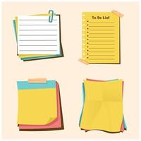 Paper notes with pins, binder clips, push pins, adhesive tape and tack. Blank sheets, sticky notes, scraps of paper and torn notebook pages. Template for note messages. Vector illustration.