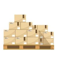 cajas en una ilustración de vector de palet de madera, cajas de cartón almacén vista frontal de pila de estilo plano