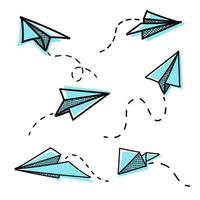 Vector paper airplane. Travel, route symbol. Set of colorful vector illustrations of hand drawn paper airplanes. Isolated. Outline. Hand drawn doodle airplane. Black linear paper airplane icon.