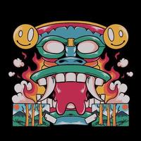 Angry tiki face print vector illustration