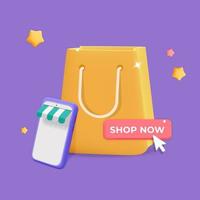 Bolsa de tienda de regalos de vector 3d y teléfono inteligente con icono de servicio de aplicación de compras en línea en diseño de representación de dibujos animados