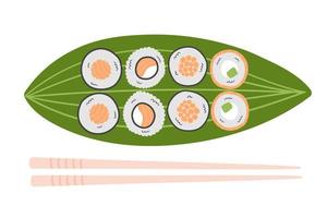 Traditional japanese sushi and rolls, and chopsticks serving on green leaf vector