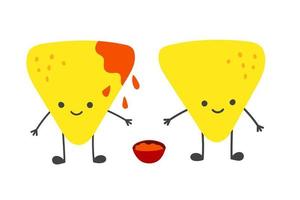 Two Chips Nachos characters with a cup of tomato salsa. Mexican flat vector illustration