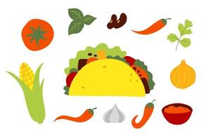 Mexican fast food Taco with ingredients. Vector illustration in flat style.