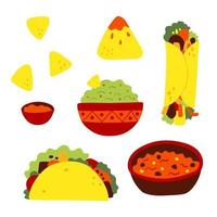 Flat vector set of traditional Mexican food, dishes, cuisine. National street fast food.