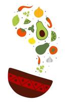 Mexican avocado sauce guacamole with fresh raw ingredients fall into the bowl. Flat vector illustration