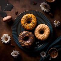 doughnuts on white background, perfect for advertising, packaging, menus, cookbooks. Highlighting texture and details, shot from above, high-res suitable for printing, posters, banners and more photo