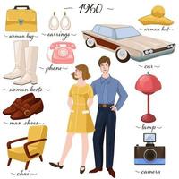 Fashion and clothes, furniture and objects of 60s vector