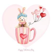 Rabbit in cup, Watercolor Rabbit Valentine day, Easter Bunny vector