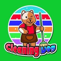 lindo perro sosteniendo un logotipo de ilustración de perro de limpieza de escoba. vector