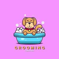 Cute dog soaking foam. Dog grooming logo concept. vector