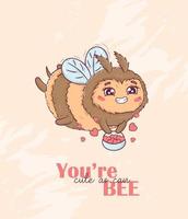 Greeting card Cartoon cute bee in love for Valentine's Day with funny animal themed sayings you are cute as can BEE vector