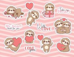 Bundle with stickers with funny sloths in love, hugging, with gifts and hearts for Valentine's Day vector