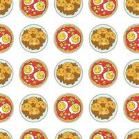 Seamless pattern with Mexican dessert pumpkin pancakes Sopaipilla and scrambled eggs Huevos Rancheros with funny faces in doodle cartoon style isolated on white background vector