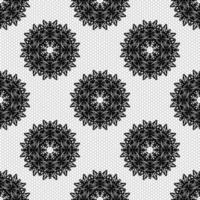 Seamless pattern with lace imitation texture with circular floral elements. Black on white background. Vector illustration.