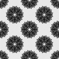 Seamless pattern with lace imitation texture with circular floral elements. Black on white background. Vector illustration.