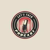 microphone emblem logo vintage vector illustration template icon graphic design. podcast station sign or symbol for broadcast or radio concept with retro circle badge typography style
