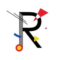 Capital letter R made up of simple geometric shapes, in Suprematism style