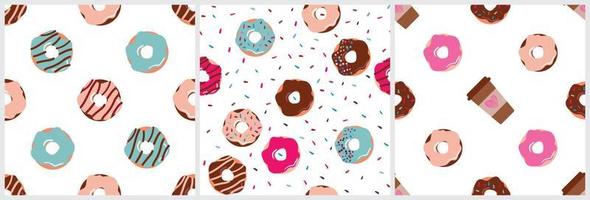 conjunto de patrones sin fisuras con donuts y chispas, y vector