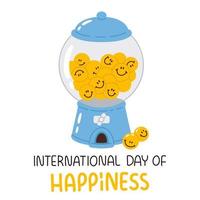 International Day of Happiness with  smiling faces in bubble gum machine vector