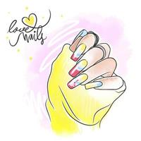 Bright nail design in yellow tones with hearts, nails in love, holiday manicure vector
