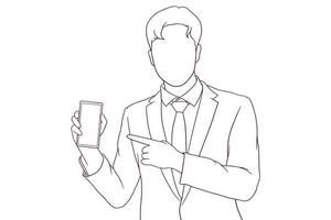 businessman pointing at phone hand drawn style vector illustration