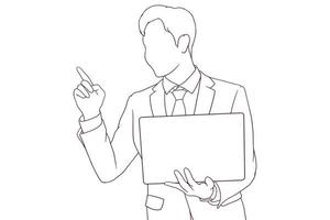 businessman is pointing while holding a laptop hand drawn style vector illustration