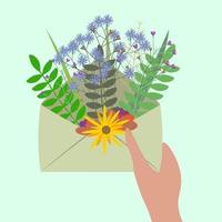 Bouquet of spring flowers inside the envelope and other decor elements in the hand. Flat design. Hand drawn trendy vector greeting card.