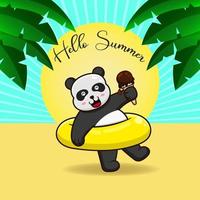 cute panda with swim ring on summer vacation. vector