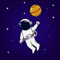 lindo astronauta flotando con globo en forma de planeta. vector