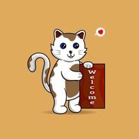 Cute white cat holding welcome board. Premium vector cute animal character concept.