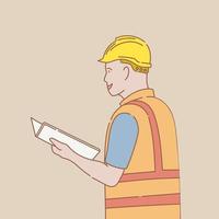 ingeniero con casco uniforme y amarillo y leer analizar documentos de datos en papel con contorno o línea y estilo limpio y simple vector