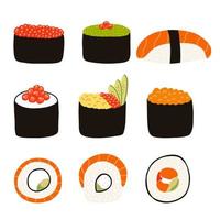 Sushi set in cartoon flat style. Hand drawn vector illustration of Japanese traditional cuisine.