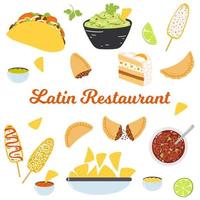 plantilla de restaurante latinoamericano para sitio web, menú, afiche. platos tradicionales de américa latina en estilo plano dibujado a mano, cocina popular vector