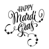 A modern, elegant calligraphic logo design - Happy Mardi Gras - in playful lettering. The design is accented by a flourish of intricate lines and beads. Isolated vector typography design element