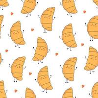 Seamless pattern with cute croissant characters with face with different emotions, hands and legs. Funny, happy cartoon mascot. Vector flat illustration